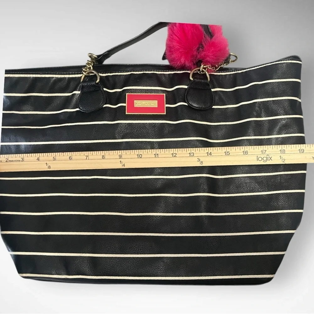 BETSEY JOHNSON Large Vegan Leather Black‎ and White Stripes Satchel Tote | EUC